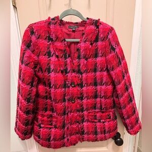 Ann Taylor Women's Red Plaid Textured Tweed Blazer in Size 10P